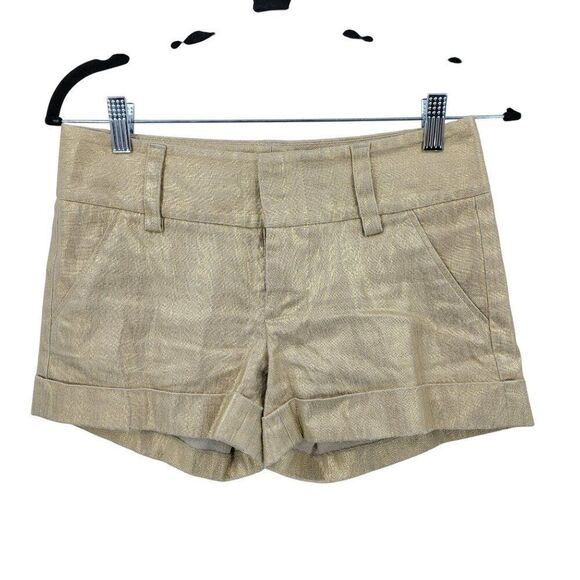 Alice + Olivia Gold Metallic Linen Blend Mid Rise Shorts Size 0 Glam Sparkle - Picture 2 of 6